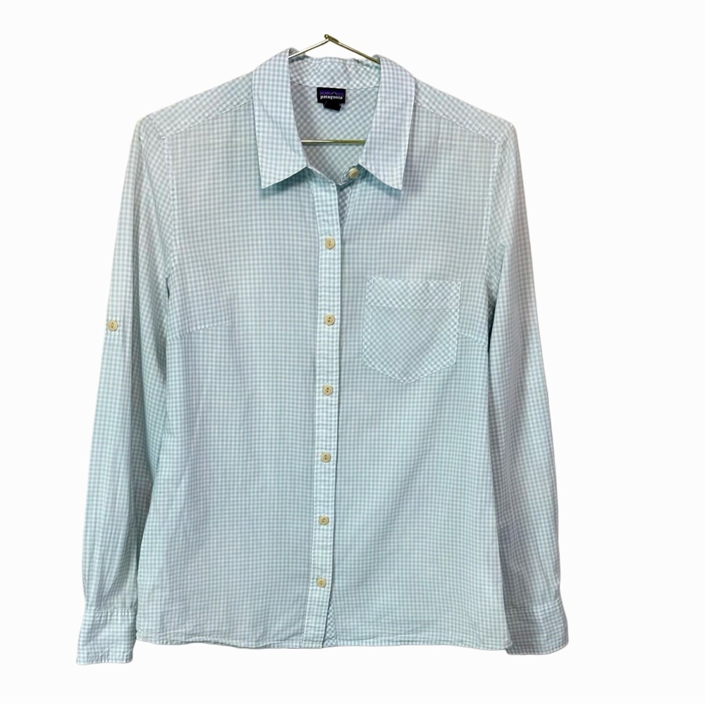 Patagonia Brookgreen Gingham Long Sleeve‎ Button Shirt Blue White Sz 4